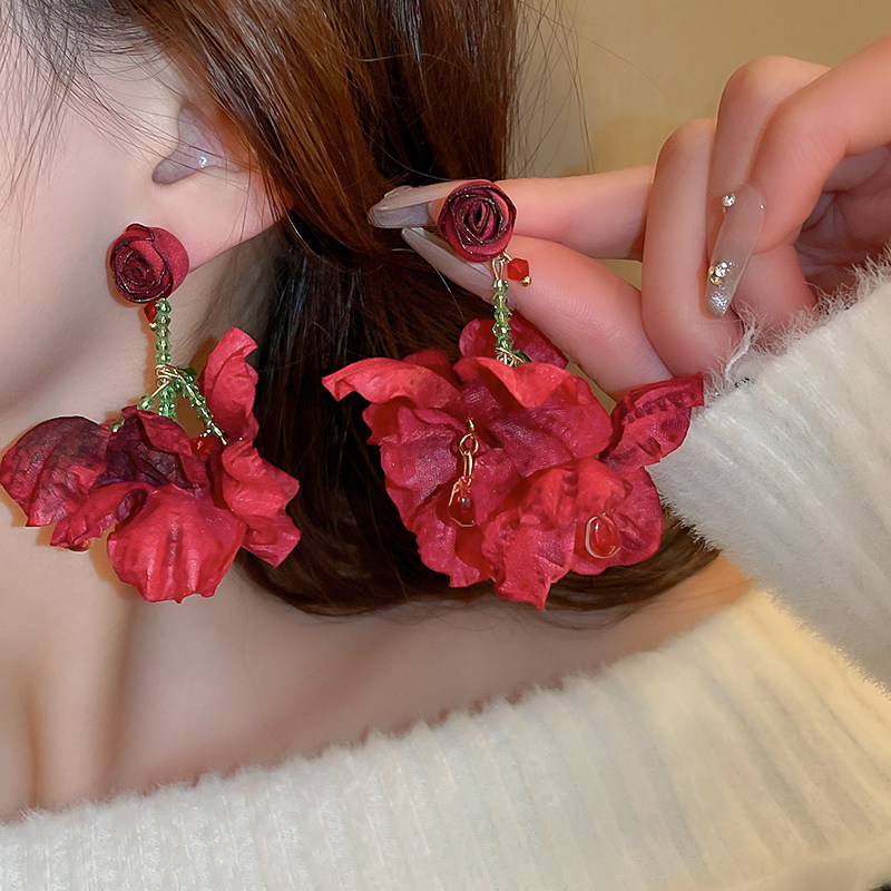 灼烧浪漫~复古安可拉红色玫瑰花瓣流苏耳环女耳钉夸张新娘耳饰品