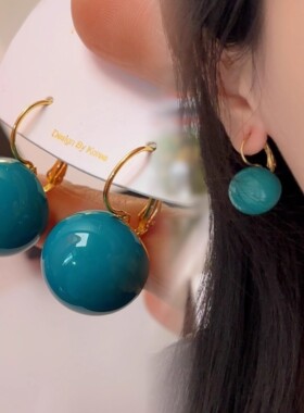 新款港风复古极简显白蓝绿色珠珠耳扣百搭立体球球耳环小众设计感