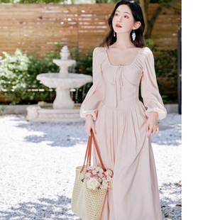 宫廷风法式复古鱼骨束腰长裙温柔秋季长袖连衣裙古典公主千金女装
