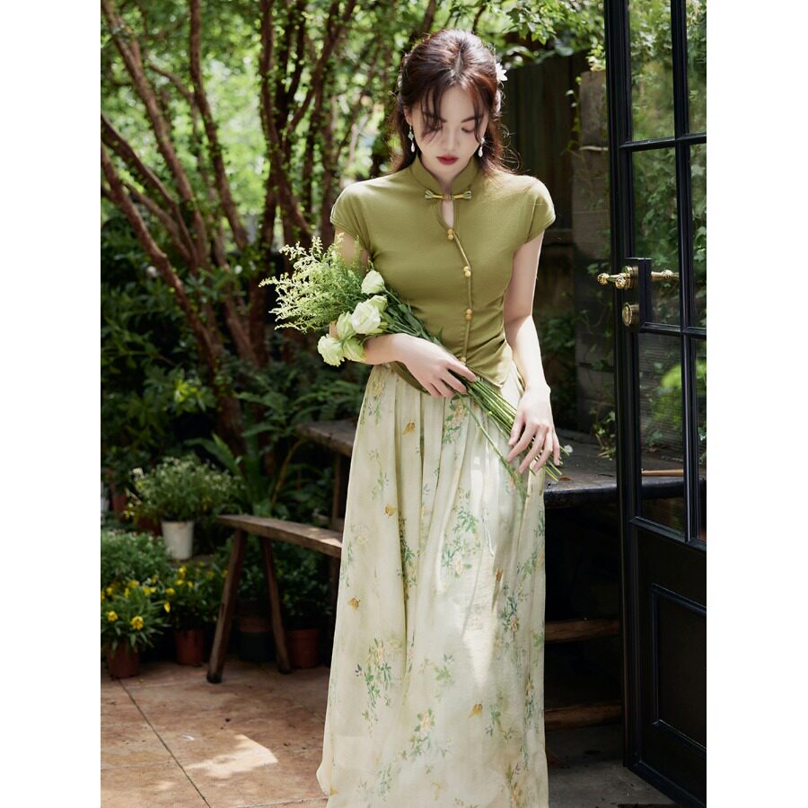 现代旗袍女改良时尚年轻款新中式套装日常可穿通勤上班连衣裙两件