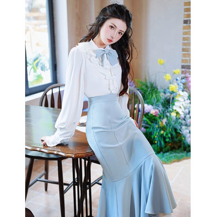 美人鱼设计荷叶边白衬衣包臀鱼尾裙蝴蝶结秋季套装蕾丝连衣裙小众