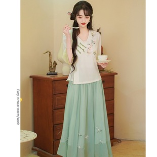 民国风书卷气旗袍两件套复古千金飘逸雪纺中式盘扣女装套装连衣裙