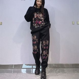大码 跨境针织套装 松紧腰长裤 女秋连帽长袖 水钻运动服两件套 上衣