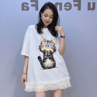 2025洋气显瘦半袖 上衣 上衣女夏季 荷叶边圆领套头软糯空气棉中长款