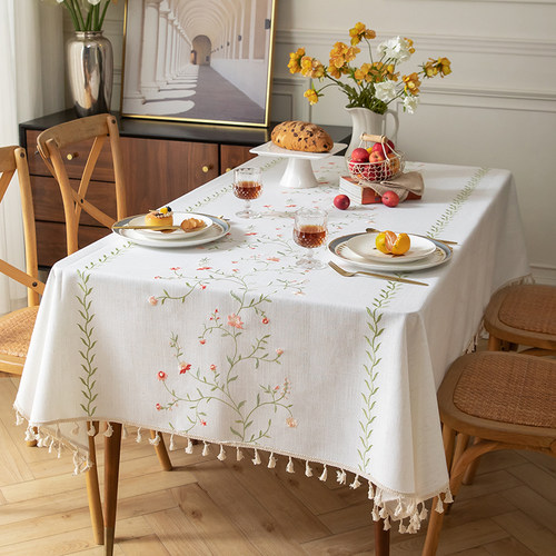法式田园小清新绣花流苏布艺桌布高级感餐桌棉麻布艺茶几布台布