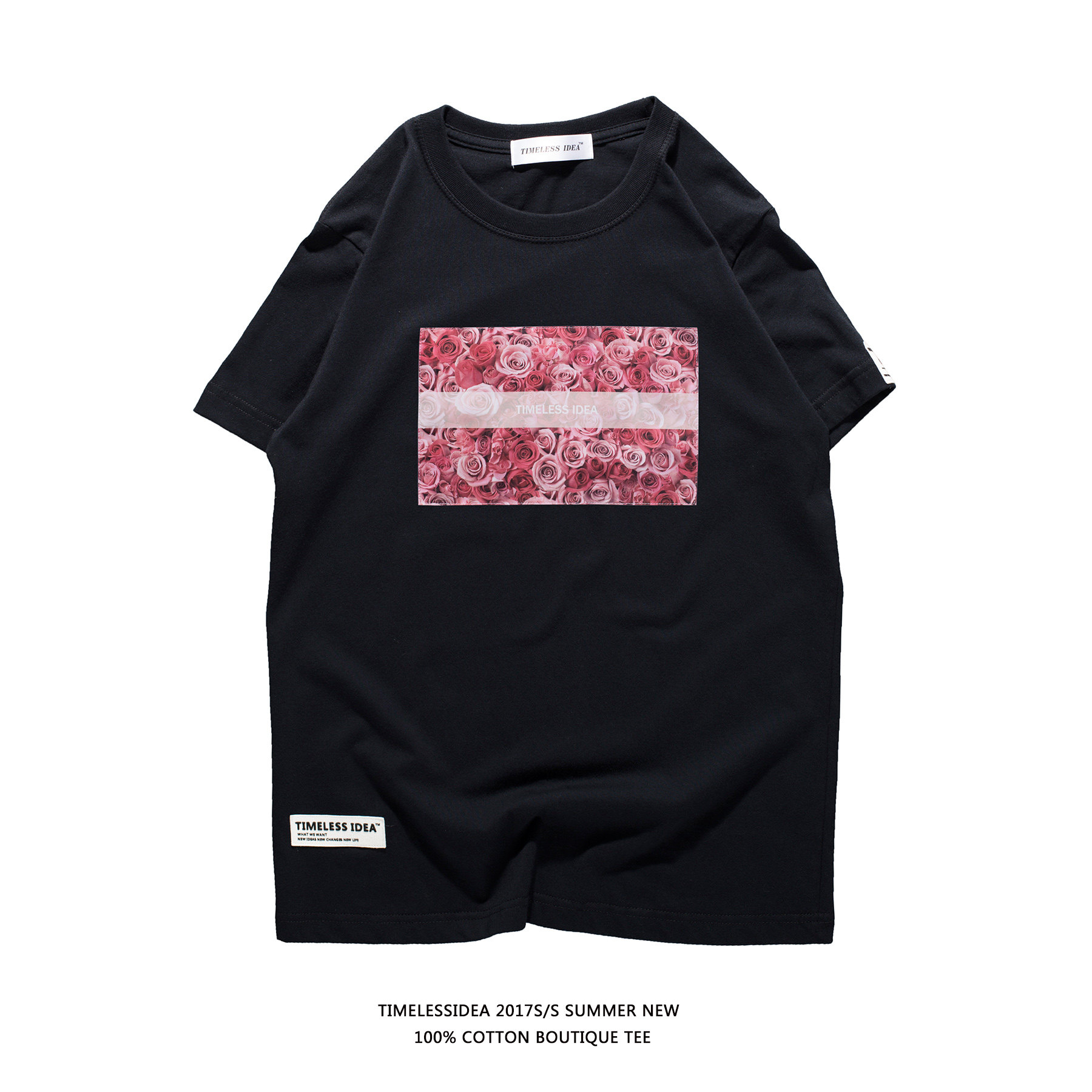 原创潮牌2024S/S夏装新款花卉玫瑰复古贴布纯棉圆领短袖T恤男装