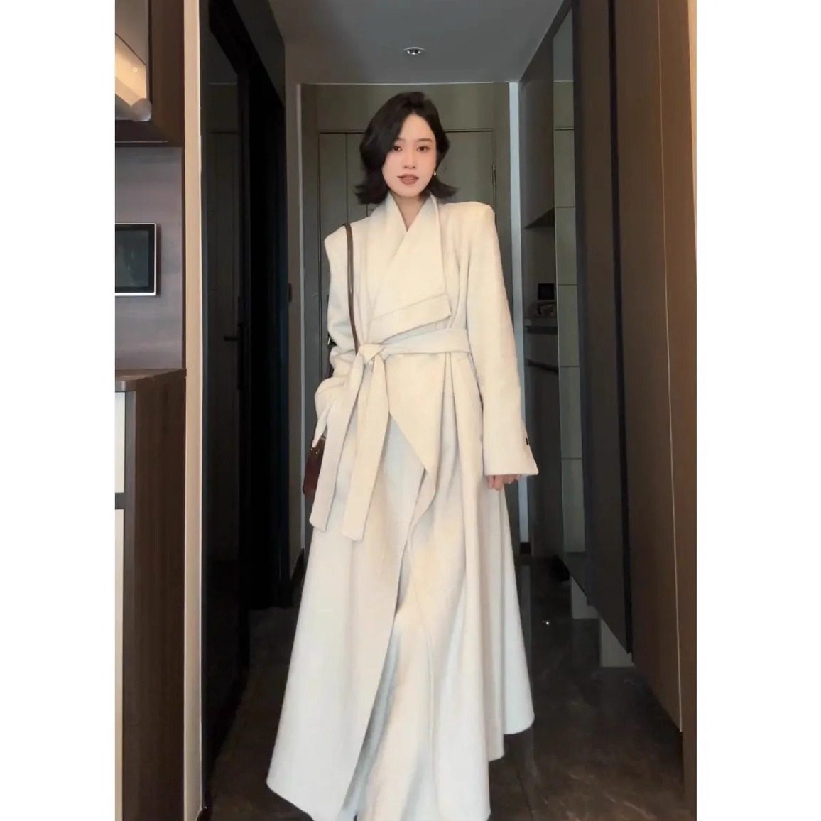 【波尔多德】25年秋冬新款正肩腰带款休闲中长款双面羊毛大衣外套