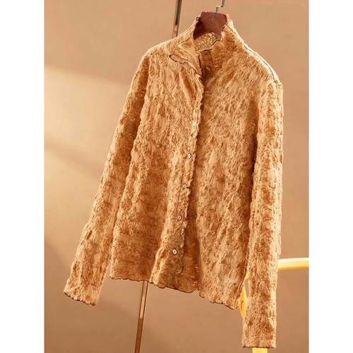 时尚气质轻奢减龄洋气高级感超好看2025秋冬季橘色蕾丝针织衬衫女