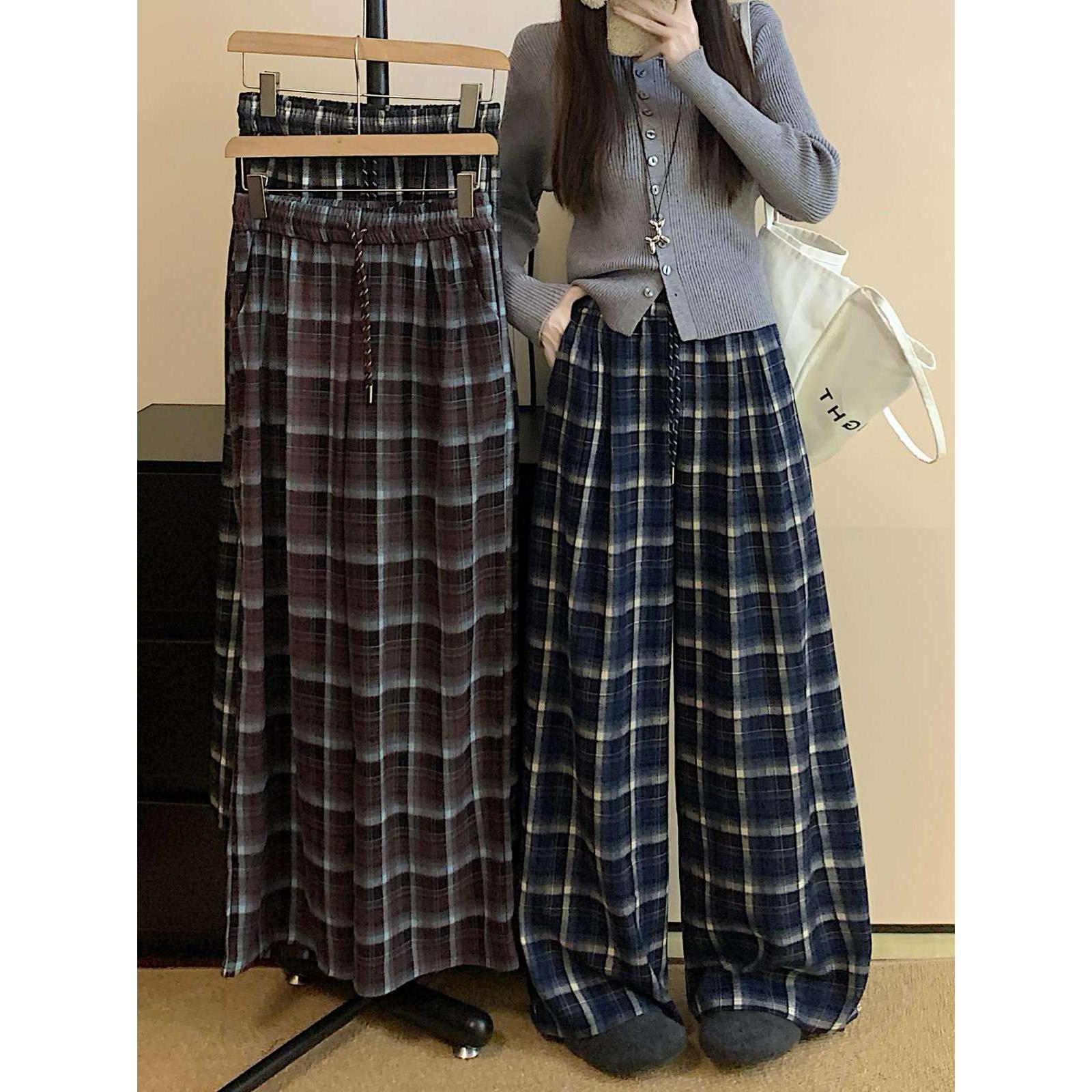 被惊艳到了！抽绳复古格子休闲裤子口袋宽松阔腿直筒松弛感长裤女