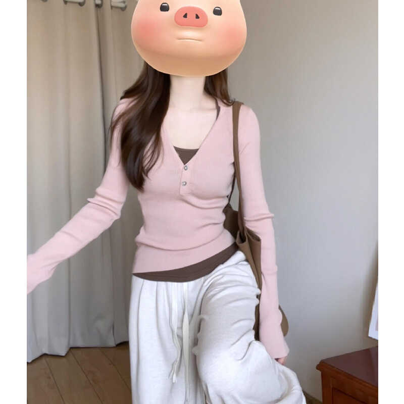 2024新款V领长袖针织t恤女装早秋超好看修身显瘦独特别致气质上衣