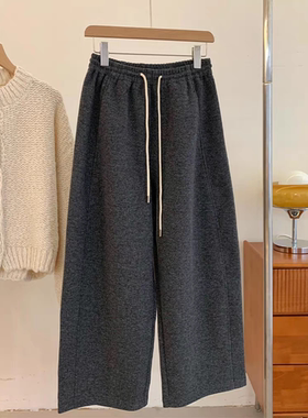 CHAO级推荐！秋冬BI入的~深灰色毛呢裤女简约休闲百搭羊毛阔腿裤