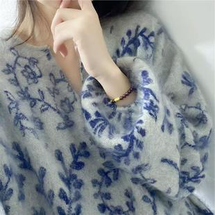【国风代表青花瓷】皇室拉绒四平芝麻点点100%纯山羊绒宽松打底衫