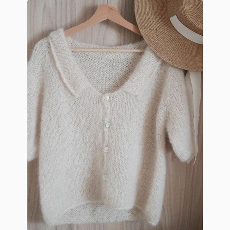 奶呼呼软糯马海毛法式小翻领短袖针织衫女早秋温柔小个子短款毛衣