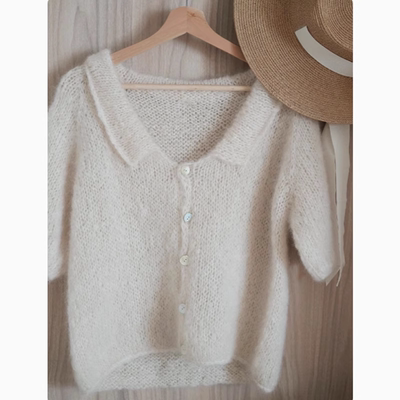 奶呼呼软糯马海毛法式小翻领短袖针织衫女早秋温柔小个子短款毛衣