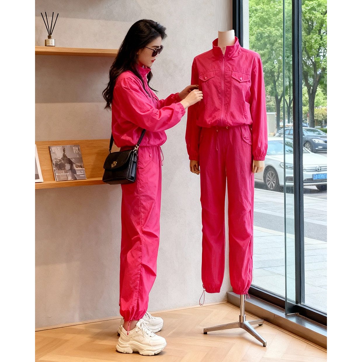 玫红色休闲运动套装女跑步健身速干防晒外套束脚裤春装搭配一墪套