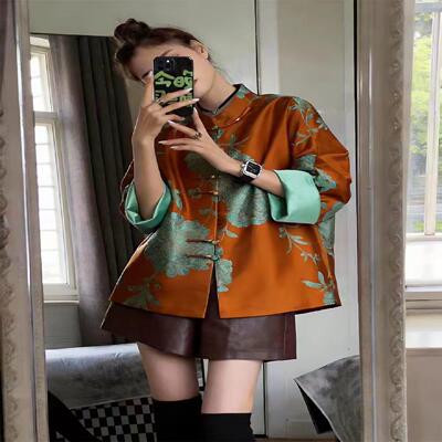 专柜撤回新中式国风黄绿色牡丹提花缎面外套春季汉服唐装盘扣上衣