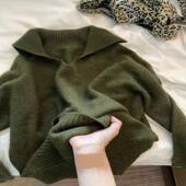 绿色翻领套头毛衣女秋冬慵懒风宽松显瘦针织衫 牛X货 巨炸裂 上衣