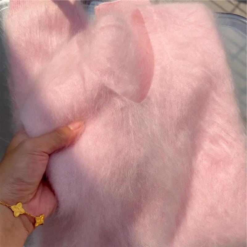 CHAO级！低饱和粉色山羊绒拉绒毛衣女冬季软糯温柔V领针织衫