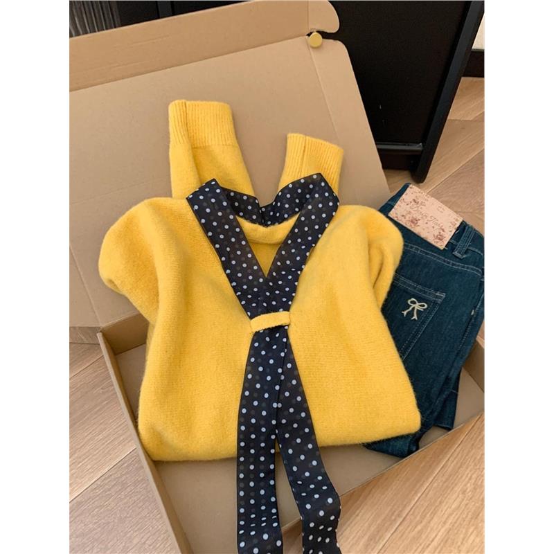 法式复古软糯慵懒风上衣高级感超好看减龄黄色系带针织衫毛衣女秋