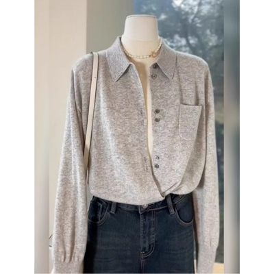 简约高级感灰色polo领针织开衫女早秋季宽松显瘦羊毛外套叠穿上衣