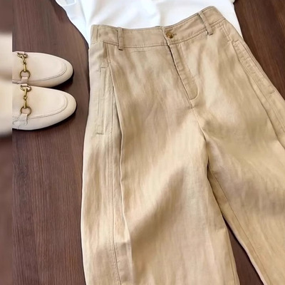 卡其色高腰亚麻阔腿裤女夏季薄款棉麻慵懒风宽松弯刀直筒休闲裤子