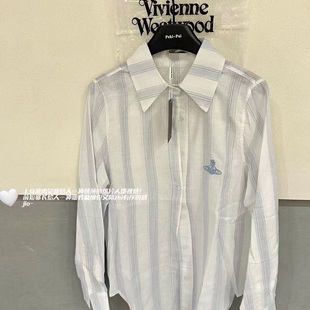 CHAO级推荐！土星刺绣海盐蓝条纹色织棉麻翻领衬衫女轻薄长袖上衣