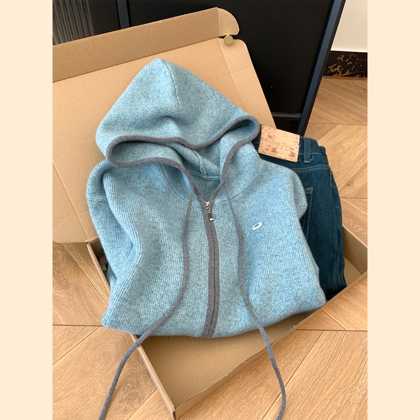 渠道货！双拉链蓝色连帽针织开衫毛衣外套女2025新款洋气慵懒上衣