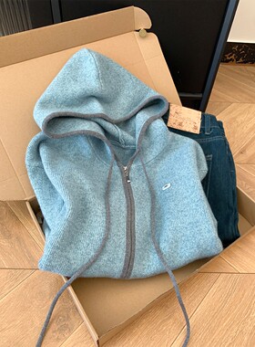 渠道货！双拉链蓝色连帽针织开衫毛衣外套女2025新款洋气慵懒上衣