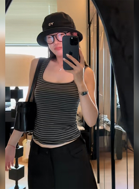 毒家怒推！韩系辣妹风性感灰色条纹吊带背心女夏修身短款无袖上衣