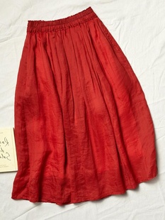 品牌专柜高端女装外贸新款夏季文艺高支苎麻红色A摆半身裙女