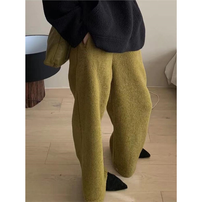 外贸渠道单~博主推荐保暖加绒裤直筒阔腿裤芥末绿加厚羊羔毛卫裤
