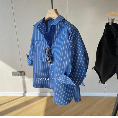 牛X货 巨炸裂！蓝白色织条纹通勤腔调府绸棉微廓型七分袖衬衫女夏