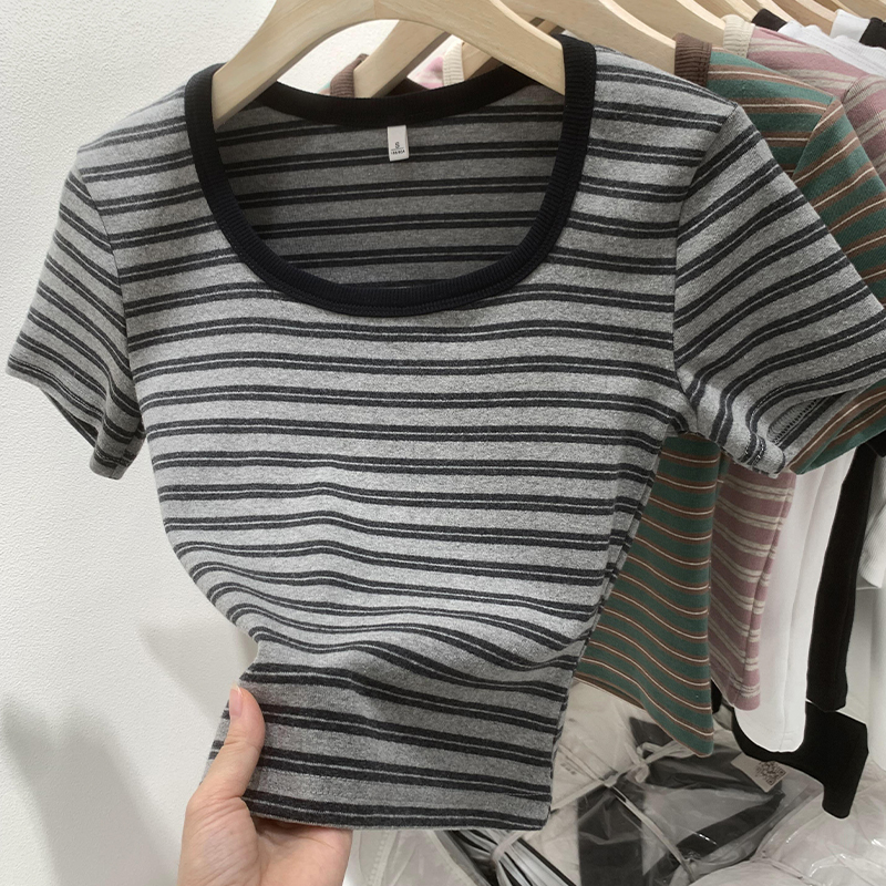品牌折扣专柜外贸女装复古撞色美式条纹U领T恤女短款修身显瘦上衣