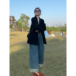 牛X货 巨炸裂！时髦高腰卷边直筒裤弹力牛仔裤女秋显瘦九分阔腿裤