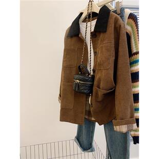 美拉德风穿搭撞色polo领外套女秋冬气质宽松慵懒风灯芯绒夹克大衣