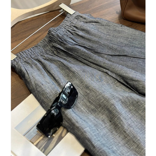 灰色松紧高腰抽绳亚麻阔腿裤子女2025韩系小众设计色织牛仔裤子