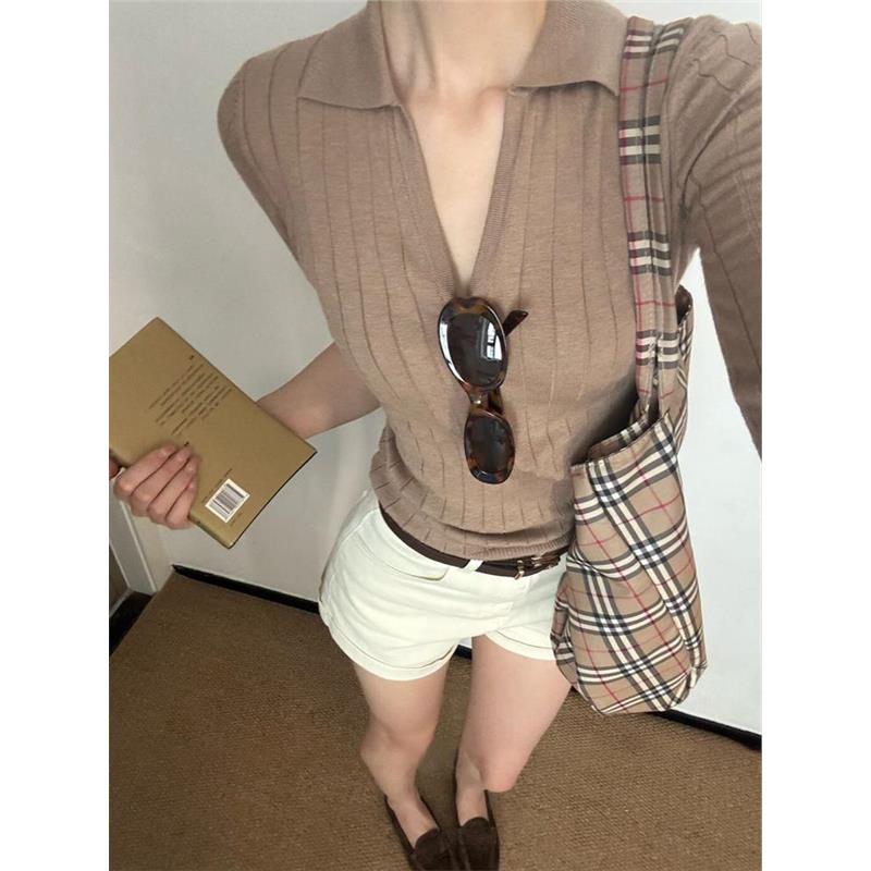 怒推！法式卡其色针织羊绒POLO衫女秋冬气质修身短款内搭打底上衣