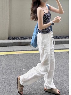 女春季 牛X货 巨炸裂 白色棉麻休闲裤 高腰慵懒垂感显瘦亚麻直筒裤