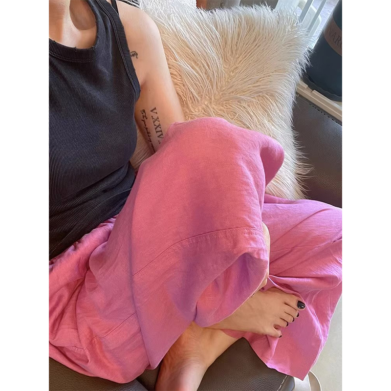 树莓粉裤子女夏日系棉麻裤直筒休闲裤宽松阔腿裤长裤显瘦痞雅裤潮