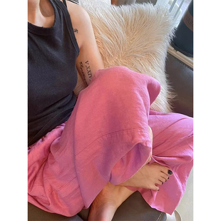 树莓粉裤子女夏日系棉麻裤直筒休闲裤宽松阔腿裤长裤显瘦痞雅裤潮