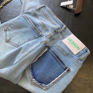 子高街ins 显瘦显高毛边九分裤 2024夏季 高腰宽松直筒浅蓝色牛仔裤