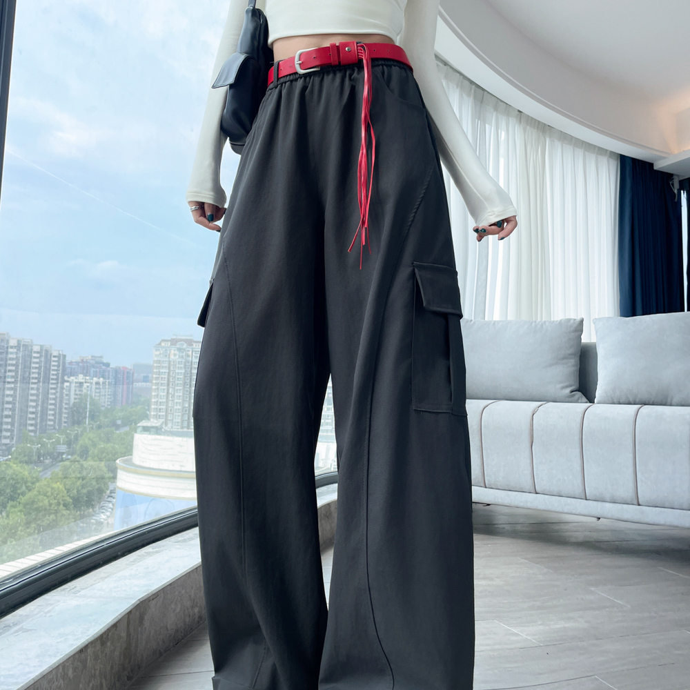 怒推！松紧腰卷边运动休闲裤女春秋宽松阔腿直筒工装长裤子送腰带