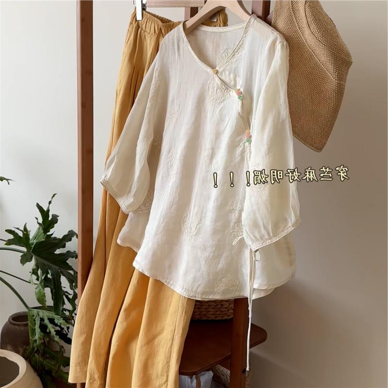 被惊艳到了！新中式国风刺绣苎麻提花小衫女休闲气质宽松显瘦上衣