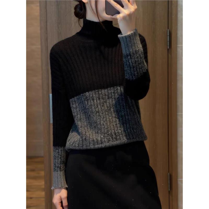 牛X货 巨炸裂！黑色高领拼色毛衣女秋冬设计感加厚坑条针织衫上衣