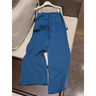 CHAO级推荐！蓝色铜氨丝阔腿裤女夏季亲肤舒适松紧腰垂感休闲裤子