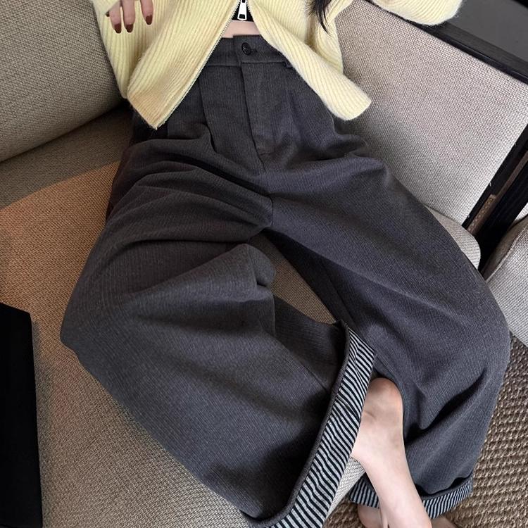 CHAO级推荐！韩版欧尼人字纹加绒翻边两穿随意调调加厚呢料裤子女