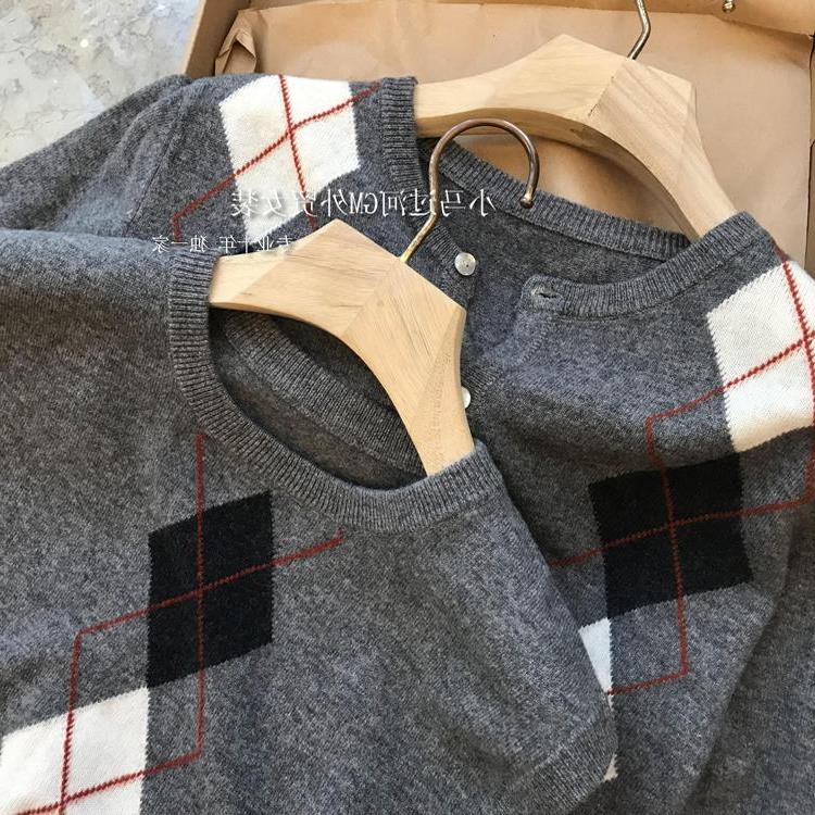 美到没话说！！R单~高品质复古英伦风减龄菱格针织羊毛马甲开衫女