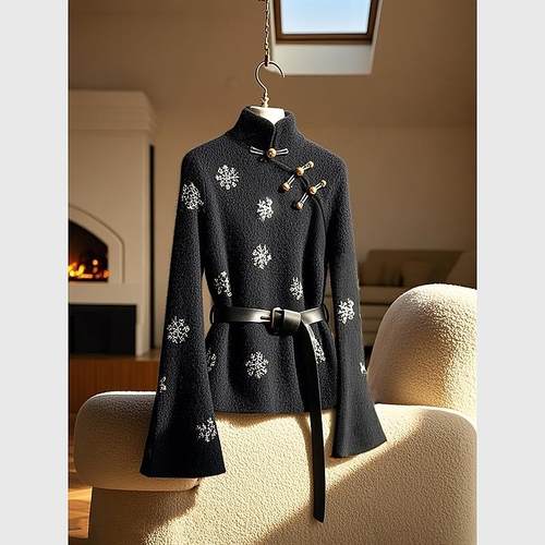 专柜撤柜新中式印花黑色针织衫女2024冬季内搭国风盘扣打底毛衣