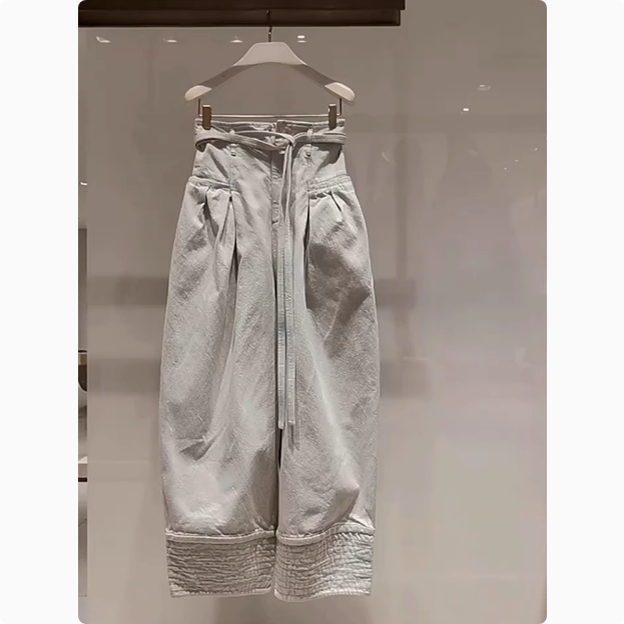 春季新中式国风宽松直筒休闲裤子小个子高腰显瘦米白色工装阔腿裤