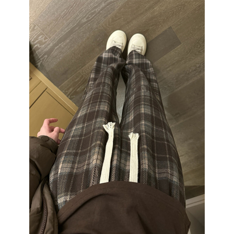 牛X货 巨炸裂！2024新款复古休闲毛呢阔腿裤子直筒格子长裤女春季